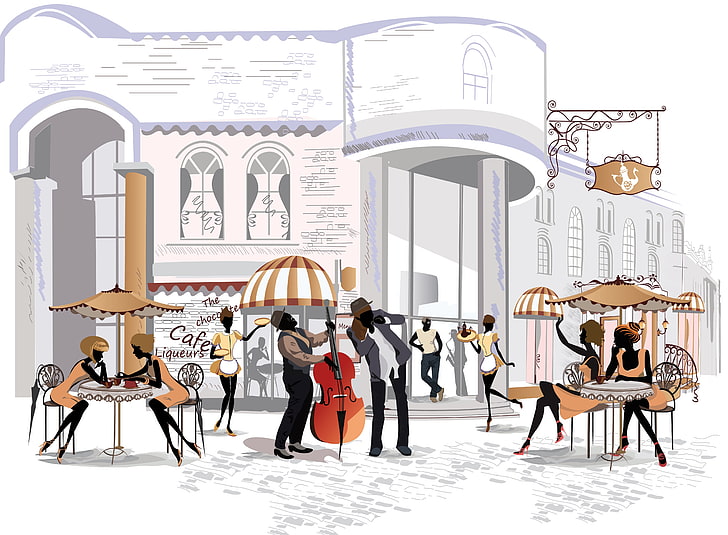 dois homens tocando violoncelo com mulheres sentadas ao lado da mesa perto de ilustração de construção, meninas, rua, o prédio, área, café, rapazes, tabelas, HD papel de parede