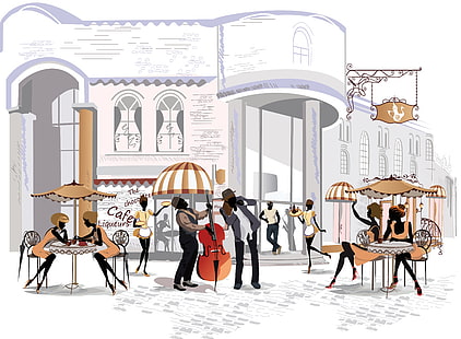 Dos hombres tocando el violonchelo con mujeres sentadas junto a la mesa cerca del edificio, ilustración, niñas, calle, el edificio, área, café, chicos, mesas, Fondo de pantalla HD HD wallpaper