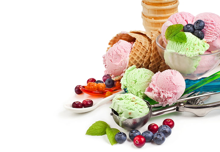 monte de sorvetes com sabor, frutas, mirtilos, sorvete, sobremesa, waffles, mirtilo, amora, HD papel de parede