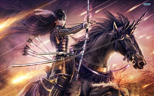 donna a cavallo mentre mira carta da parati digitale arciere, fantasia, arciere, arco, cavallo, samurai, donna guerriera, Sfondo HD HD wallpaper