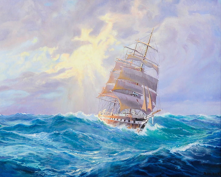 Velero marrón en la ilustración del océano, mar, ola, barco, velero, Adolf Bock, Fondo de pantalla HD