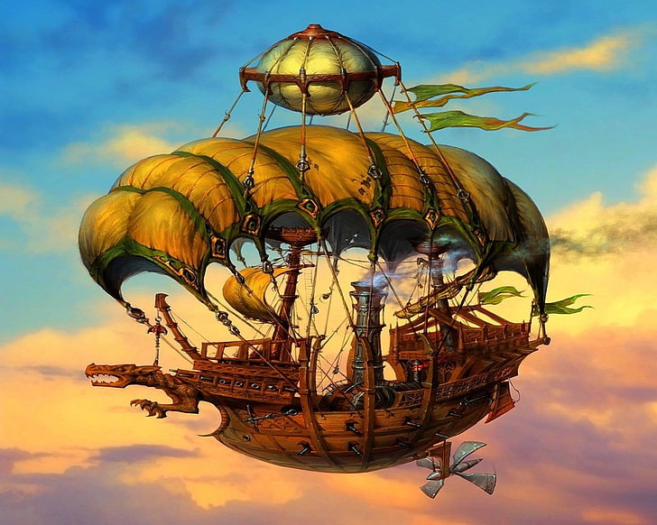 brown flying ship digital wallpaper, fantasy art, airships, HD wallpaper