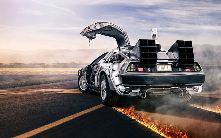 Back to the Future DeLorean DMC Fire HD, ภาพยนตร์, ไฟ, สู่อนาคต, ย้อนกลับ, dmc, delorean, วอลล์เปเปอร์ HD