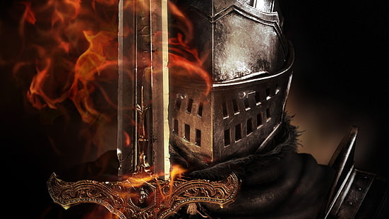 knight digital wallpaper, person holding gray sword, Dark Souls, video games, knight, fantasy art, artwork, digital art, sword, helmet, fire, HD wallpaper HD wallpaper