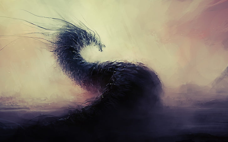 pintura criatura negra, dragón, obra de arte, arte de fantasía, Fondo de pantalla HD