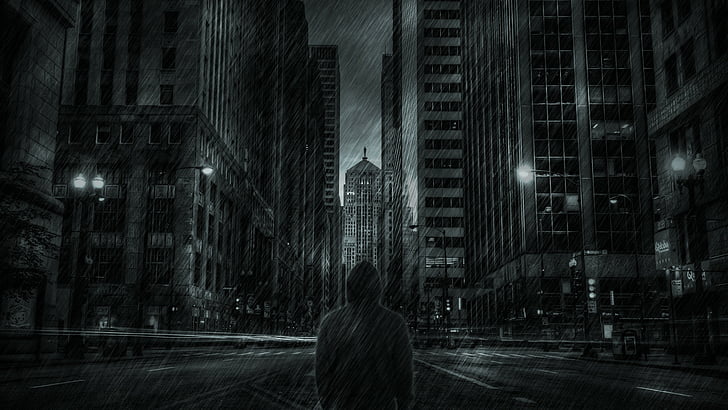 buildings, dark, hoodie, mood, rain, skyscrapers, storm, HD wallpaper