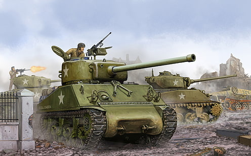 зелен резервоар картинки, изкуство, резервоар, битка, игра, на, американски, среден, пистолет, пламъци на войната, Втората световна война., главен, имаше, Втората световна война, миниатюри, 105 мм, 76 мм, Шерман M4A3, гаубица, M4A3, HD тапет HD wallpaper