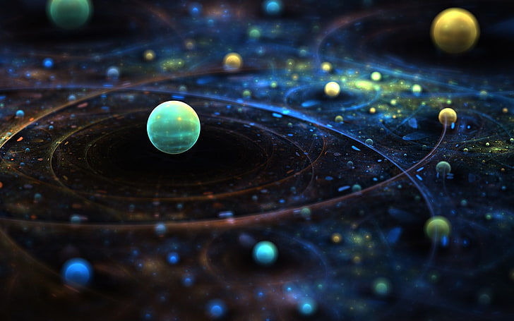 жълти и зелени сфери цифрови тапети, космос, слънчева система, слънце, вселена, HD тапет