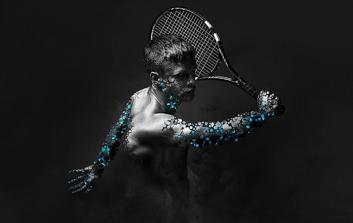 Malerei des Tennisspielers, Tennis, Tennisschläger, vorgewählter Farbton, Männer, digitale Kunst, einfacher Hintergrund, HD-Hintergrundbild
