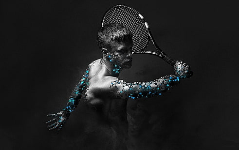 lukisan pemain tenis, tenis, raket tenis, pewarnaan selektif, pria, seni digital, latar belakang sederhana, Wallpaper HD HD wallpaper
