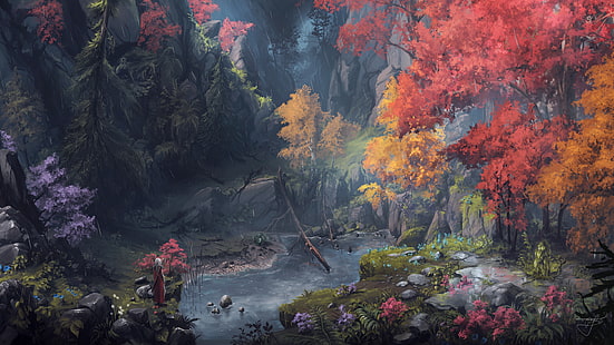 lukisan sungai di hutan, badan air dikelilingi oleh pohon lukisan, karya seni, seni digital, lanskap, sungai, pohon, alam, seni fantasi, Wallpaper HD HD wallpaper
