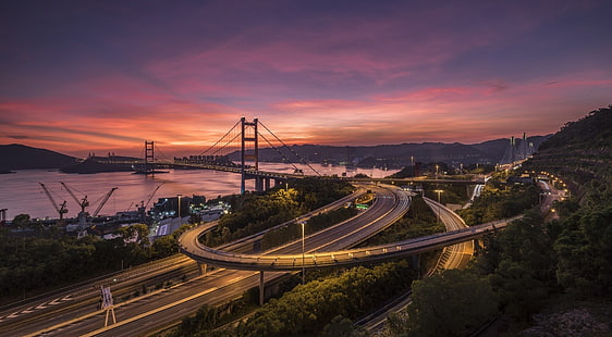 estrada, ponte, Hong Kong, China, ponte de Tsing Ma, Hong Kong, HD papel de parede HD wallpaper