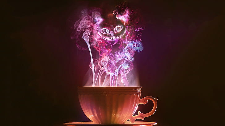 Alice In Wonderland, Cheshire Cat, cup, smoke, tea, HD wallpaper