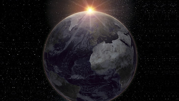 pianeta terra sfondo digitale, arte digitale, sfondo nero, spazio, universo, pianeta, terra, sole, stelle, raggi solari, continenti, africa, europa, sud america, nord america, mare, nuvole, asia, Sfondo HD