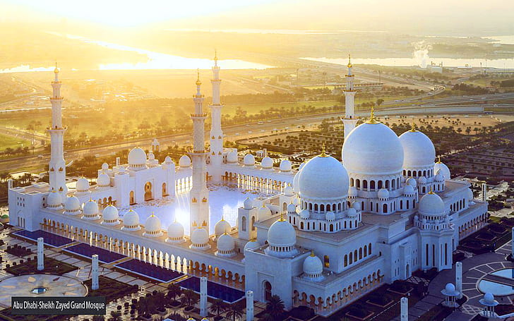 غروب الشمس أبو ظبي مسجد الشيخ زايد الكبير الإمارات العربية المتحدة خلفيات سطح المكتب عالية الدقة 1920 × 1200، خلفية HD