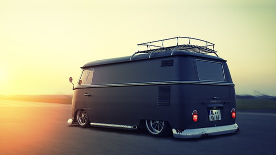van hitam, van, tuning, Volkswagen, mobil, kendaraan, jalan, sinar matahari, Wallpaper HD HD wallpaper