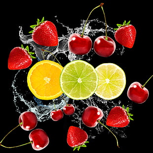 cherry and strawberry fruits, water, cherry, berries, strawberry, fruit, citrus, black background, slices, HD wallpaper HD wallpaper