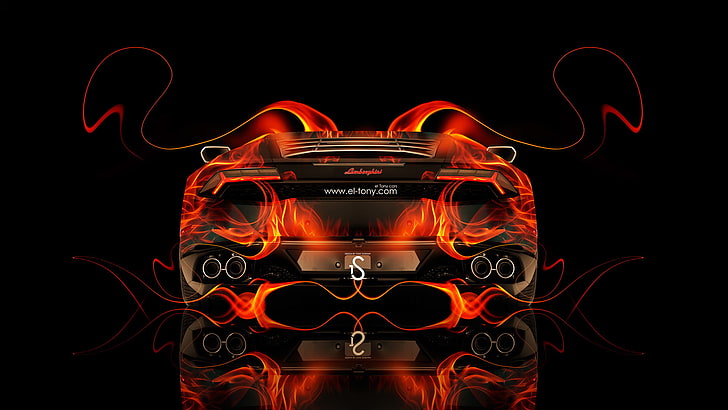 Wallpaper kendaraan hitam dan merah, Lamborghini, Api, Oranye, Api, Abstrak, Hitam, Mobil el Tony, Tony Kokhan, Huracan, Wallpaper HD