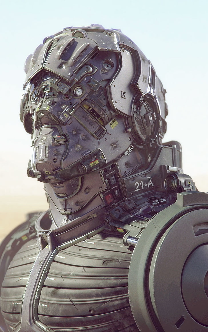 серый робот обои, фэнтези арт, научная фантастика, робот, цифровое искусство, HD обои, телефон обои