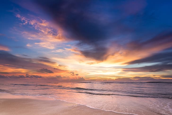 sable, mer, vague, plage, été, coucher de soleil, rose, paysage marin, beau, violet, Fond d'écran HD