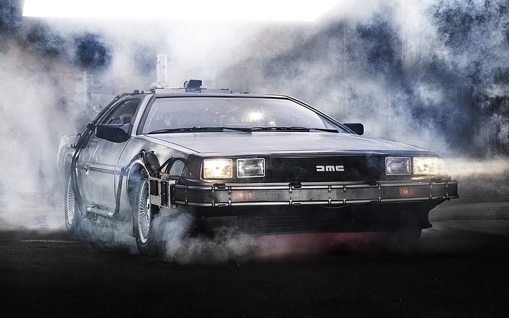 серый Dloc Delorean coupe, фон, огни, дым, The DeLorean, DeLorean, DMC-12, передок, Назад в будущее, Машина времени, HD обои