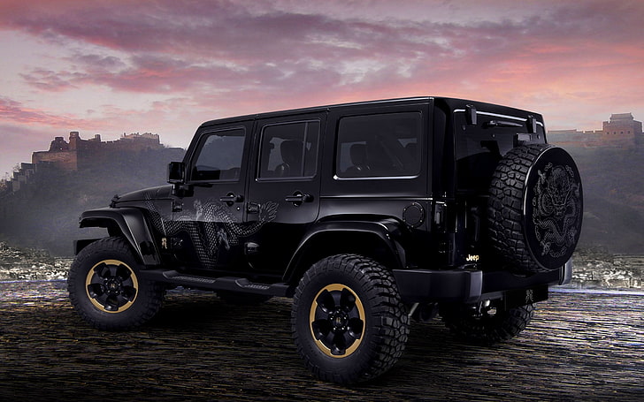 Jeep Wrangler SUV de techo rígido negro ilimitado, jeep, wrangler, dragon, concept, auto, black, suv, Fondo de pantalla HD