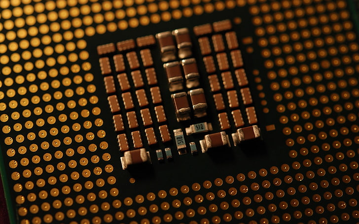 brązowy procesor komputerowy, komputer, technologia, Hi-Tech, obwody, kondensatory, procesor, Tapety HD