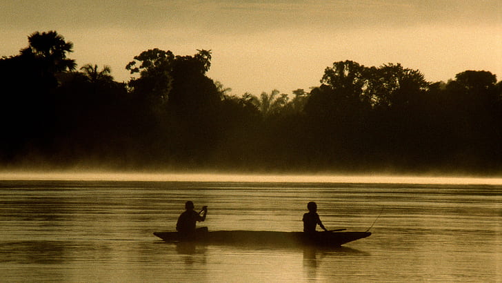 río, selva, silueta, canoas, Fondo de pantalla HD