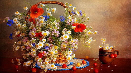 floral composition, painting, art, basket, flower basket, wildflowers, HD wallpaper HD wallpaper