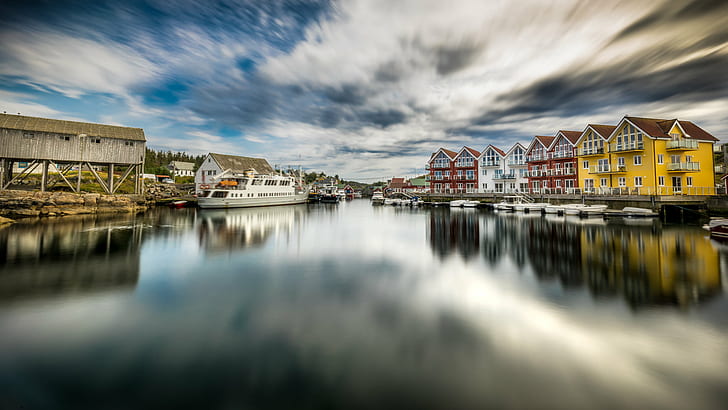 body of water between houses view \, norway, norway, Hellesøy, Bergen, Norway, Travel, landscape photography, body of water, houses, a7, bergen, clouds, europe, full frame, geotagged, landscape, long exposure, motion, nature, photo, photography, reflection, reflections, sea, seascape, sky, sony a7, fe, ultra, urban, Hordaland, water, harbor, house, architecture, night, pier, outdoors, HD wallpaper