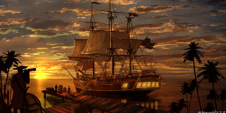 pintura de barco de vela marrón, mar, paisaje, puesta de sol, la noche, barco, piratas, Fondo de pantalla HD