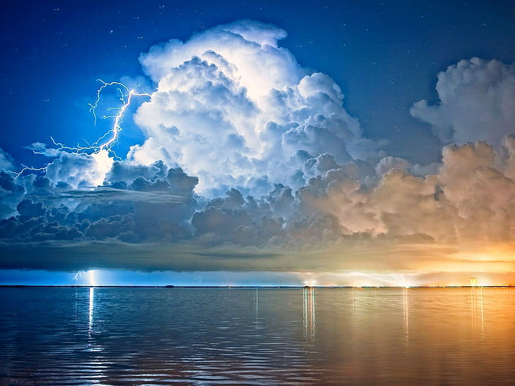 storm, white, Florida, starry night, blue, lightning, clouds, yellow, water, Cape Canaveral, sea, landscape, nature, street light, HD wallpaper