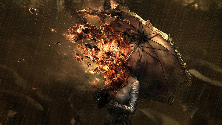 payung abu-abu, seni digital, api, hujan, gelap, wanita, pembakaran spontan, payung, seni fantasi, karya seni, Wallpaper HD