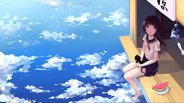 black haired female anime character wallpaper, the sky, cat, girl, clouds, anime, watermelon, art, form, schoolgirl, .l.l, HD wallpaper