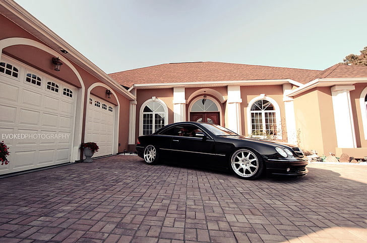 black Mercedes-Benz E-class coupe, black, Windows, Mercedes-Benz, garage, mansion, Mercedes Benz, CL500, C215, CL-class, HD wallpaper