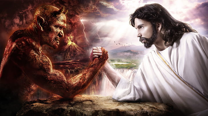devil arm fantasy art jesus christ chuck norris satan heaven and hell 1366x768 Abstract Fantasy Sztuka HD, Diabeł, Ramię, Tapety HD