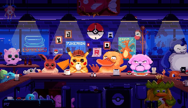 Pokémon, pixel art, Jigglypuff, Pikachu, Snorlax, Squirtle, Bulbasaur, Charizard, ditto, Eevee, Psyduck (Pokemon), drink, food, Poke Ball, HD wallpaper