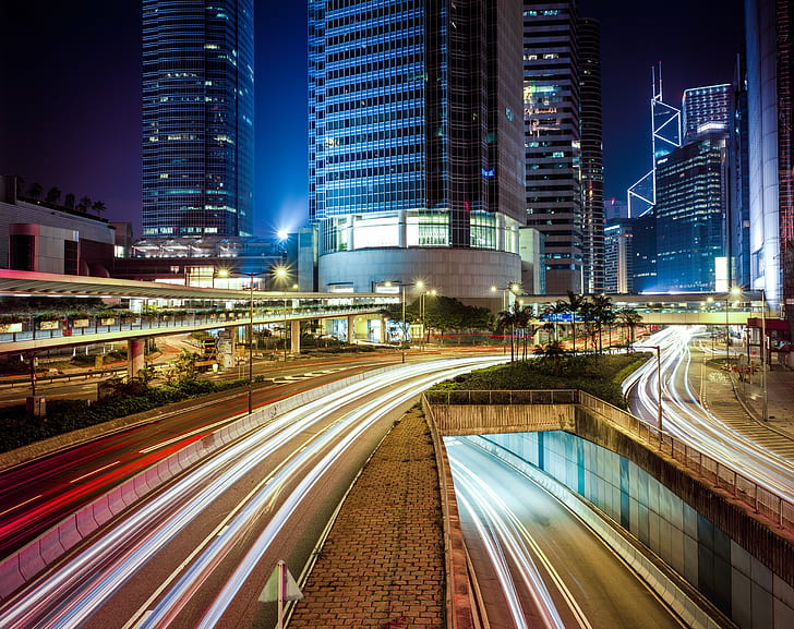 time-lapse photography of roads and buildings, hong kong, hong kong, Central Business District, Hong Kong, time-lapse photography, roads, buildings, 4x5, 90 mm, Analog, Analogue, Asia  Bank, Bank of China Tower, CBD, Chamonix, Fuji, Provia, LF, Landscape, Large format, Long Exposure, Night, One, IFC, International Finance Centre, Rodenstock, Scene, Skyscraper, Exchange Square, Square  Two, Two IFC, Two International Finance Centre, Urban, View Camera, Wide Angle, traffic, cityscape, street, transportation, speed, urban Scene, architecture, highway, china - East Asia, asia, downtown District, urban Skyline, car, dusk, blurred Motion, business, road, illuminated, modern, city, travel, built Structure, famous Place, motion, tower, HD wallpaper