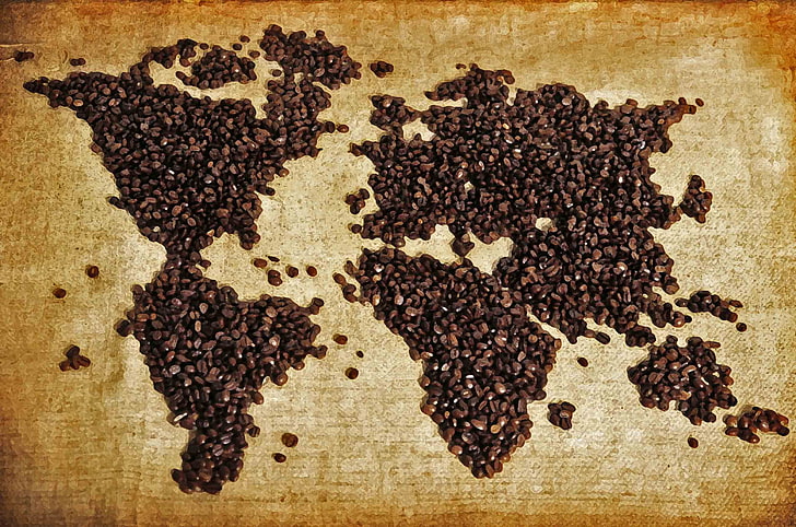 черно-белый цветочный коврик, кофе, карта, коричневый, карта мира, HD обои