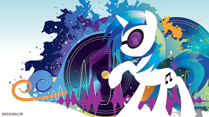 иллюстрация сине-белой пони, My Little Pony, Vinyl Scratch, DJ Pon-3, фэнтези-арт, HD обои