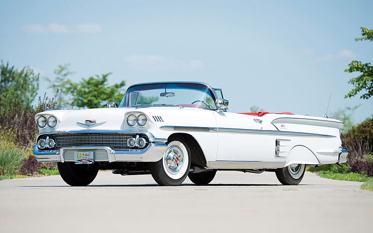 classic white convertible coupe, chevrolet, bel air, impala, 1958, convertible, HD wallpaper