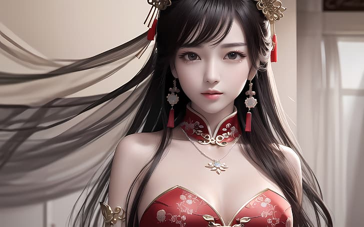 model from xiaolel, AI art, earring, halter dress, necklace, HD wallpaper