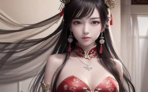  model from xiaolel, AI art, earring, halter dress, necklace, HD wallpaper HD wallpaper