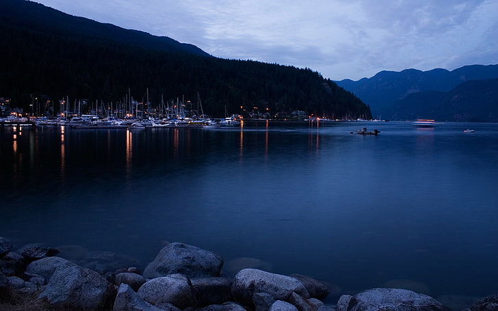 Deep Cove At Dusk, blue, boats, britishcolumbia, canada, darkblue, deepcove, dusk, landscape, mountains, photography, seascape, vancouver, water, waterscape, HD wallpaper
