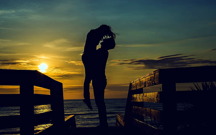 sea, the sky, water, girl, the sun, love, joy, happiness, sunset, smile, river, background, romance, mood, passion, woman, tenderness, feelings, the evening, silhouette, male, guy, widescreen, heat, hug, full screen, s, HD wallpaper