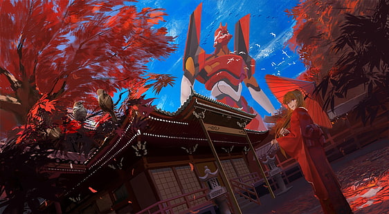 Neon Genesis Evangelion, garotas de anime, Asuka Langley Soryu, Unidade EVA 02, anime, vermelho, guarda-chuva, arte de fantasia, HD papel de parede HD wallpaper