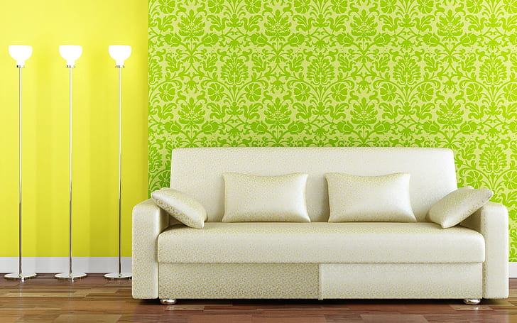 صالة صوفا جميلة ، أريكة من الجلد الأبيض مع وسائد وألوان زاهية وأخضر وأصفر، خلفية HD