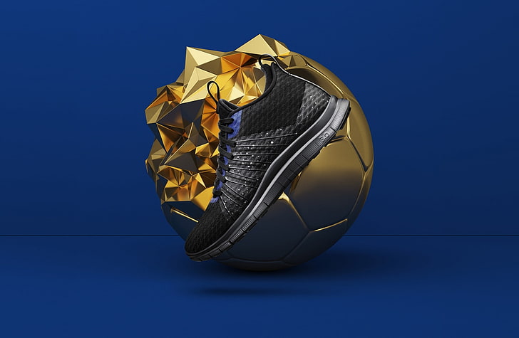 Nike Sports Shoes, Cool Golden Ball, Blue..., Sports, Football, Blue, Soccer, Design, Sneakers, Shoes, Gold, Nike, 3DPrint, NikeFC, GoldenBalls, SportStyle, HD wallpaper