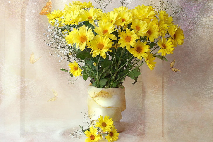yellow chrysanthemum flowers, chrysanthemums, yellow, flowers, bouquets, gypsophila, vase, HD wallpaper