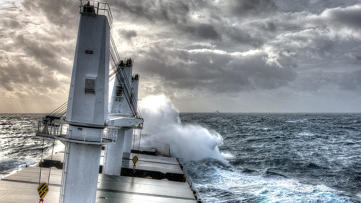 бело-коричневый корабль, HDR, море, корабль, шторм, HD обои